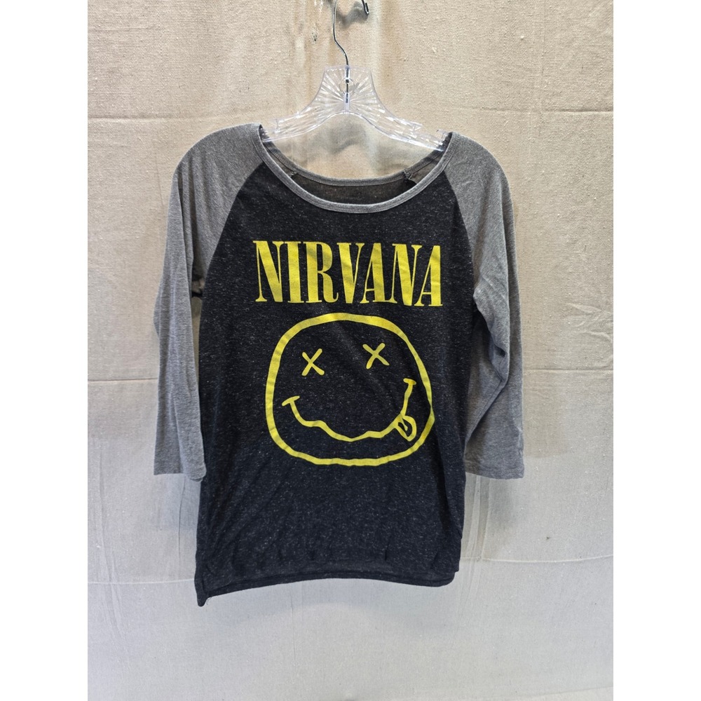 Nirvana Smiley Face Graphic Raglan Shirt Womens Large Grey 3/4 Sleeve Band Tee